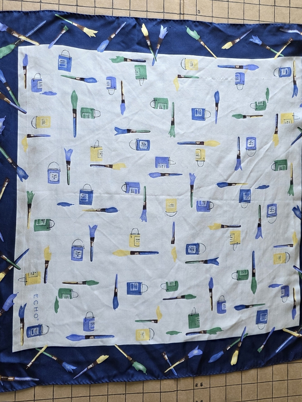 Echo Vintage Paintbrush & Paint Bottle Print Square Scarf 21x21. Rare Print